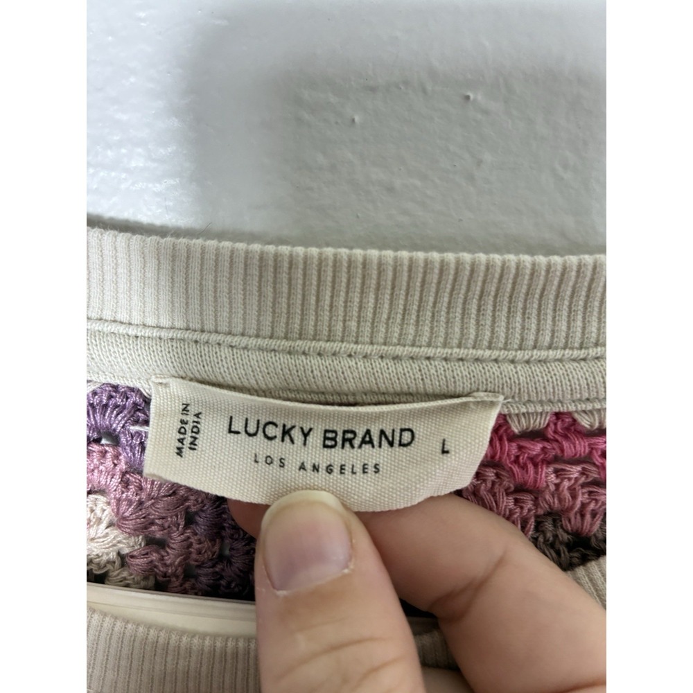 Lucky Brand Pullover Granny Square Crew Neck Sweater Sz L Tan Cotton Retro - Picture 2 of 7
